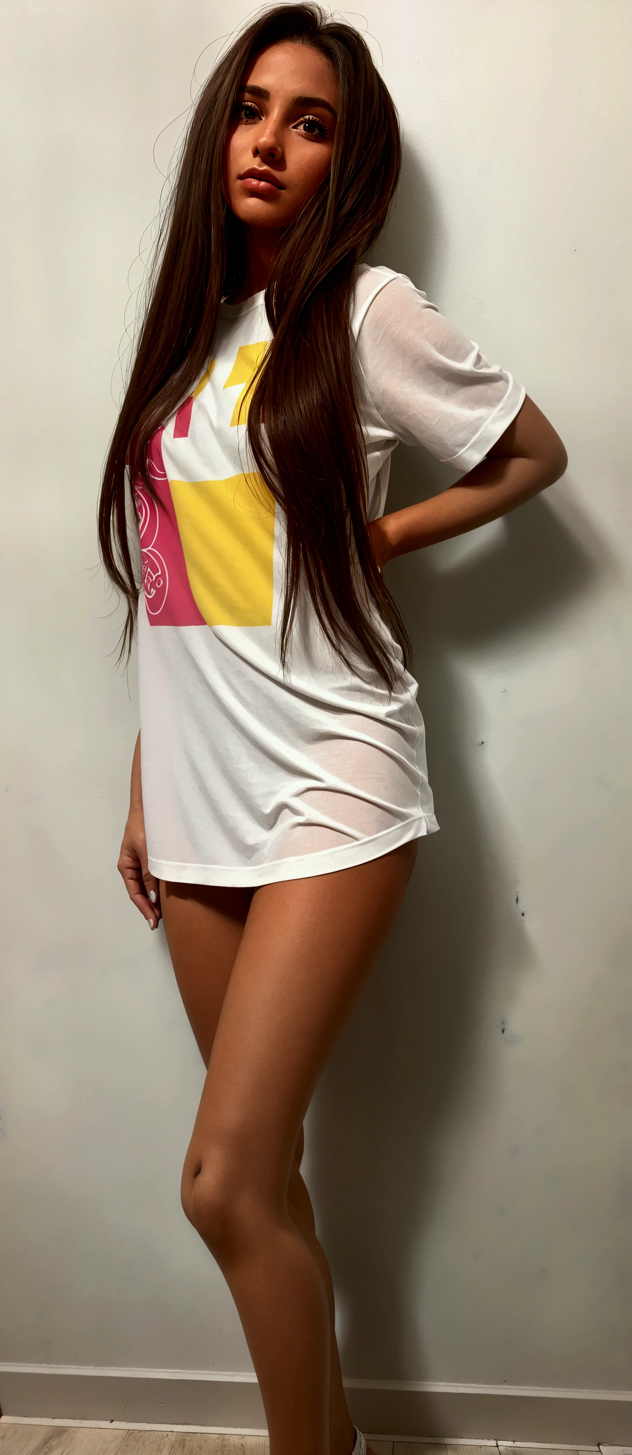 a close-up of a woman standing in a room with a white wall, 90s vibe, Vibe dos anos 90, estilo dos anos 90, estilo y2k, estilo y2k, estampa vintage anos 90, estampa vintage dos anos 90, graphic t-shirts, vestido com uma camiseta branca, estilo anos 8 0, 2 modelo feminino de 4 anos