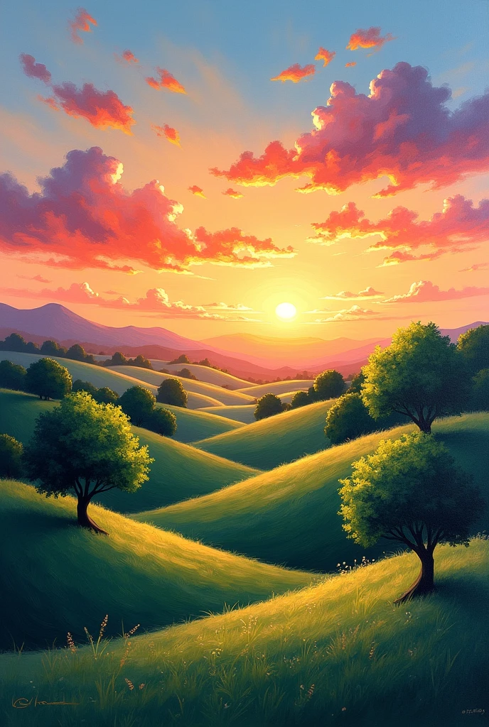 Simple art about impresionissm with basic colors trees clouds and sunset