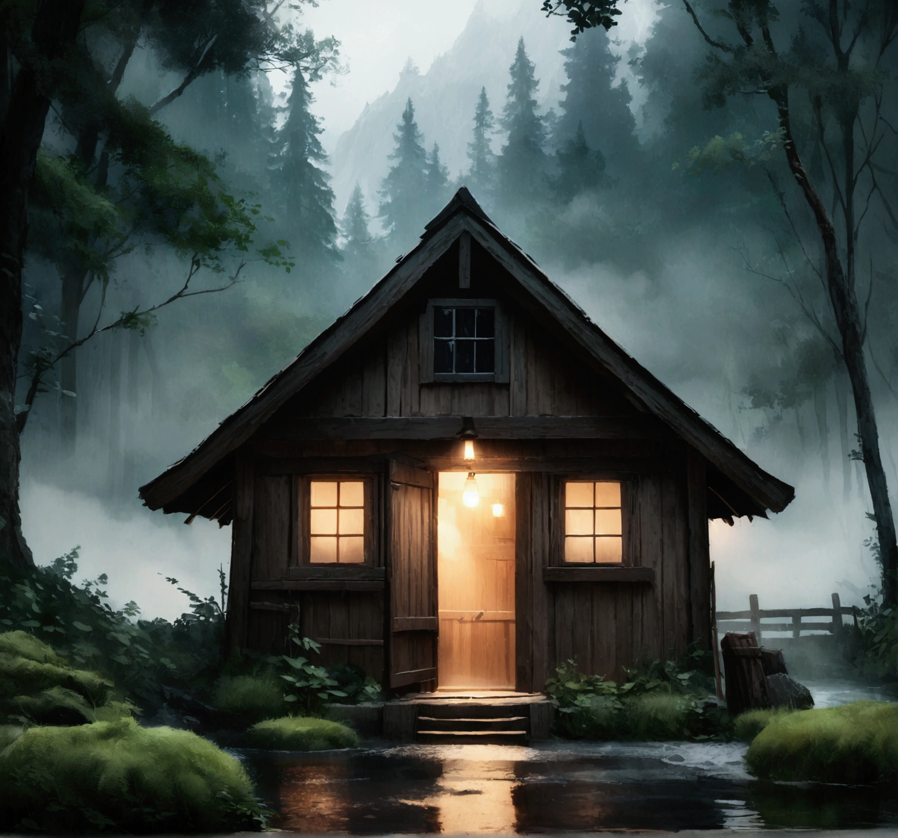 storm in the forest with lots of fog, a cabin with windows and doors illuminated by light, a pond in front of the hut, Realistic, High Definition Cinematic Image