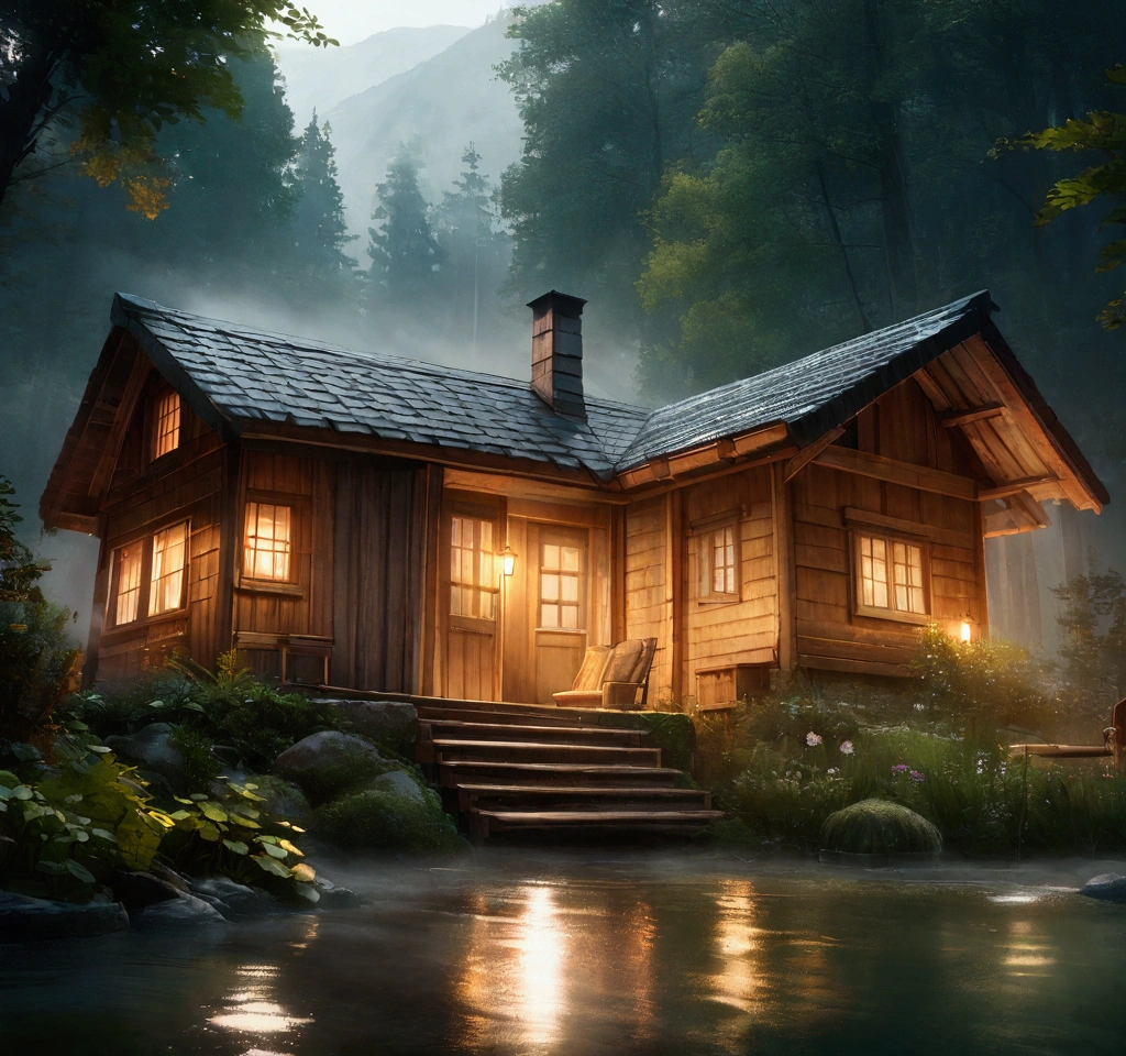 storm in the forest with lots of fog, a cabin with windows and doors illuminated by light, a pond in front of the hut, Realistic, High Definition Cinematic Image