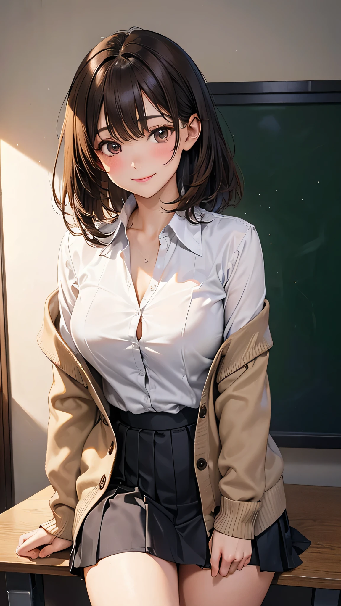 4K resolution,((Highest quality)), Ultra-high resolution,Adult women, alone, sexy, (A teasing smile), (Brown eyes), Beautiful and symmetrical face, (Brown cut medium hair),Loose cardigan,Dress shirt,Pleated skirt,stockings,Realistic:1.4,Realistic:1.3,(masterpiece:1.2),Perfect Eyes,Perfect Eyes,Ample breasts,Beautiful thick legs,classroom,Perfect Legs