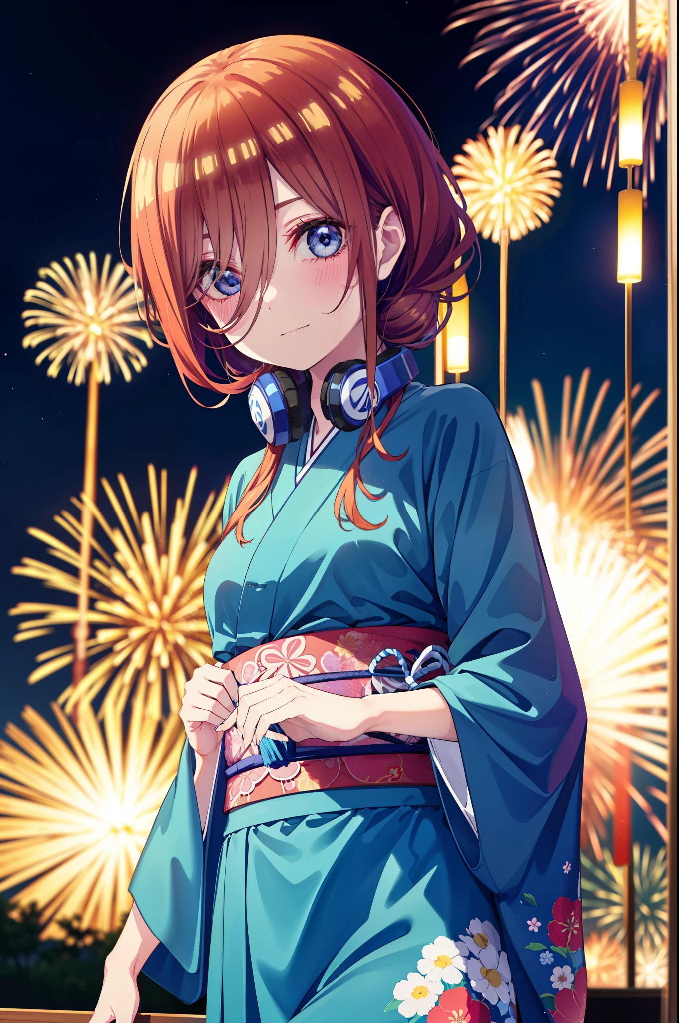 Miku Nakano, miku nakano, Long Hair, bangs, blue eyes, Brown Hair, shirt, Hair between the eyes, Headphones around neck,hair tied back,Flower Hair Ornaments,smile,blush,Blue Kimono,Blue long skirt,Fireworks in the night sky,Fireworks,The place is a fireworks display,Time is night,sunny day,日本のfestival,夏festivalの屋台,Red lantern,whole bodyがイラストに入るように,
break outdoors, garden,festival,
break looking at viewer, whole body, (Cowboy Shot:1. 5),
break (masterpiece:1.2), Highest quality, High resolution, unity 8k wallpaper, (figure:0.8), (Beautiful attention to detail:1.6), Highly detailed face, Perfect lighting, Highly detailed CG, (Perfect hands, Perfect Anatomy),