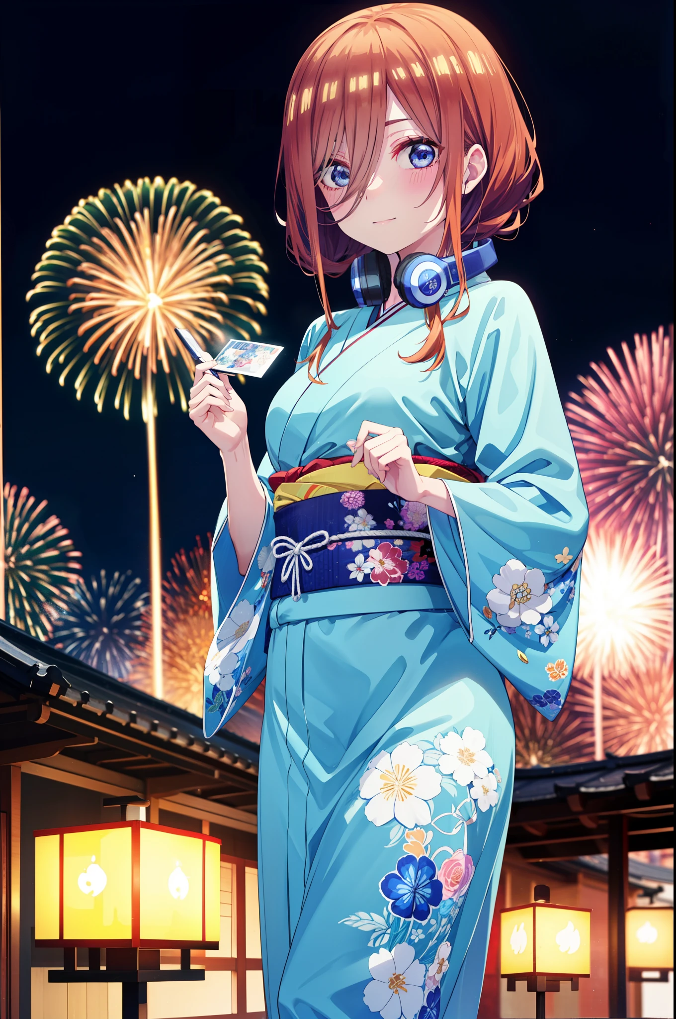 Miku Nakano, miku nakano, Long Hair, bangs, blue eyes, Brown Hair, shirt, Hair between the eyes, Headphones around neck,hair tied back,Flower Hair Ornaments,smile,blush,Blue Kimono,Blue long skirt,Fireworks in the night sky,Fireworks,The place is a fireworks display,Time is night,sunny day,日本のfestival,夏festivalの屋台,Red lantern,whole bodyがイラストに入るように,
break outdoors, garden,festival,
break looking at viewer, whole body, (Cowboy Shot:1. 5),
break (masterpiece:1.2), Highest quality, High resolution, unity 8k wallpaper, (figure:0.8), (Beautiful attention to detail:1.6), Highly detailed face, Perfect lighting, Highly detailed CG, (Perfect hands, Perfect Anatomy),