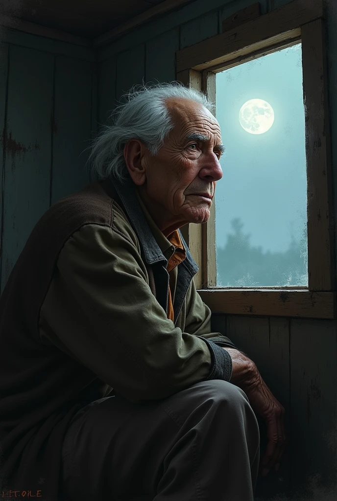 The journey, older and with features marked by time, is sitting looking out a small window. The moonlight illuminates your face, reflecting the sadness and weariness of exile."