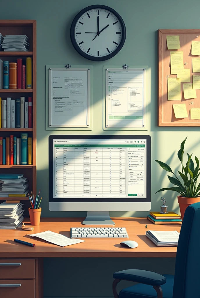 **Scenario:** Imagine a meticulously organized office or work environment, reflecting the analytical and detail-oriented nature of the Virgo. The scene is lit by natural light coming in through a large window., highlighting the accuracy of details.
**center of picture:** At the center, there is an impeccably tidy work desk, with documents, pens and other office supplies arranged in an orderly fashion. over the table, a computer displays a complex spreadsheet with graphs and formulas, symbolizing the detailed nature of dreams and the concern for organization.
**Surrounding Environment:** on the walls, there are boards with to-do lists and meticulously drawn plans. Shelves with books and folders are perfectly aligned, and there is a small plant in a pot, symbolizing the search for order and the attempt to maintain balance.
**Additional Detail:** A wall clock keeps time accurately, indicating concern with time management and self-demand. In a corner, a notice board with sticky notes and reminders represents the constant search for improvements and the correction of errors.
**Image Feeling:** The image should convey a sense of control and perfection., but can also include subtle elements of tension, such as a worried expression on the Virgo's face or slightly misaligned details that indicate underlying anxiety and self-demand.