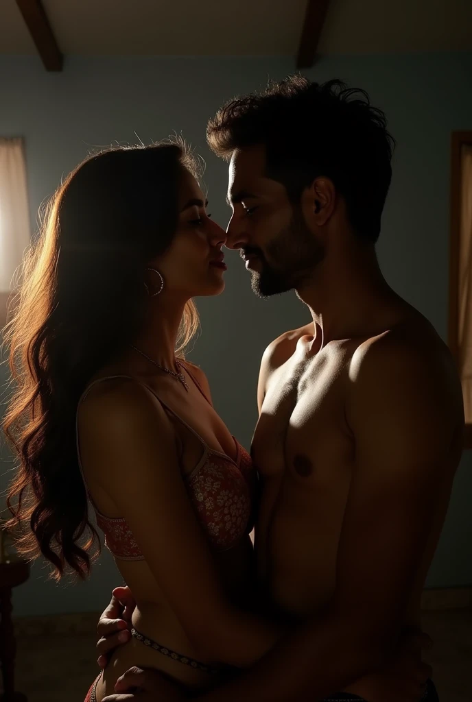 Indian 25 year old woman half naked, lips kissing with 40 year old indian handsome man. in their house at night. And another one 35 year old naked man seeing them and masturbating.