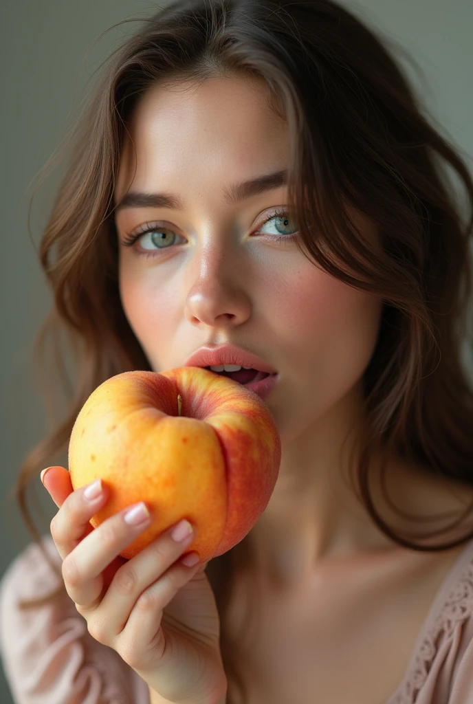 A very beautiful girl of Slavic appearance bit off a juicy peach a peach the size of a watermelon photo quality 8k the highest quality of small details