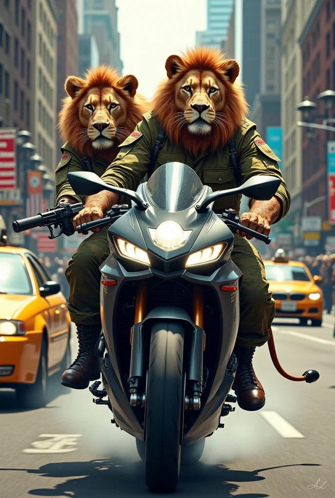 Two Lion animal with soldier suit ride yamaha r15 bike with gun and new york road
