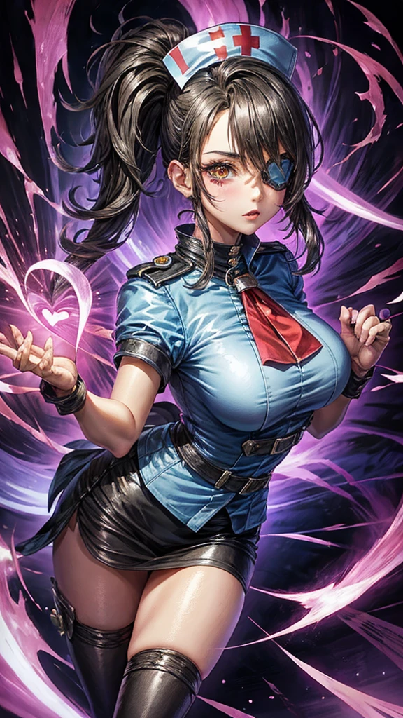 Beautiful girl wearing high-neck punk nurse uniform(20-year-old)Short black hair, wearing an eyepatch with a heart mark on one eye
