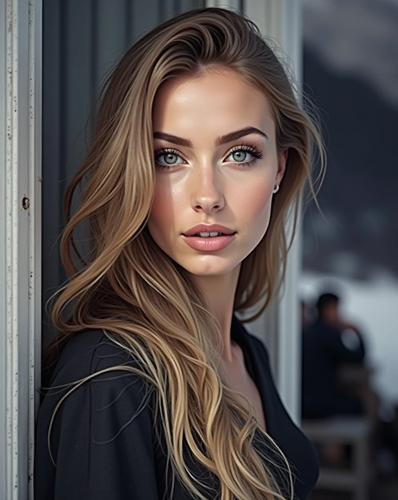 medium length portrait one, 23 year old Norwegian girl with symmetrical attractive face, with long blonde brown hair, detailed with beautiful blue eyes, nose and lips, summer makeup, with big breasts, attractive beautiful legs, black standing on a Swiss balcony overlooking the Swiss Alps in a pretty dress (best quality, 4k, 8k, high resolution ,masterpiece:1.2),ultra-fast,(realistic,fotórealistic,fotórealistic:1.37),HdR,studio lighting,and body,portrait age,very body, ,dramatic lighting,warm color tones,dramatic colors