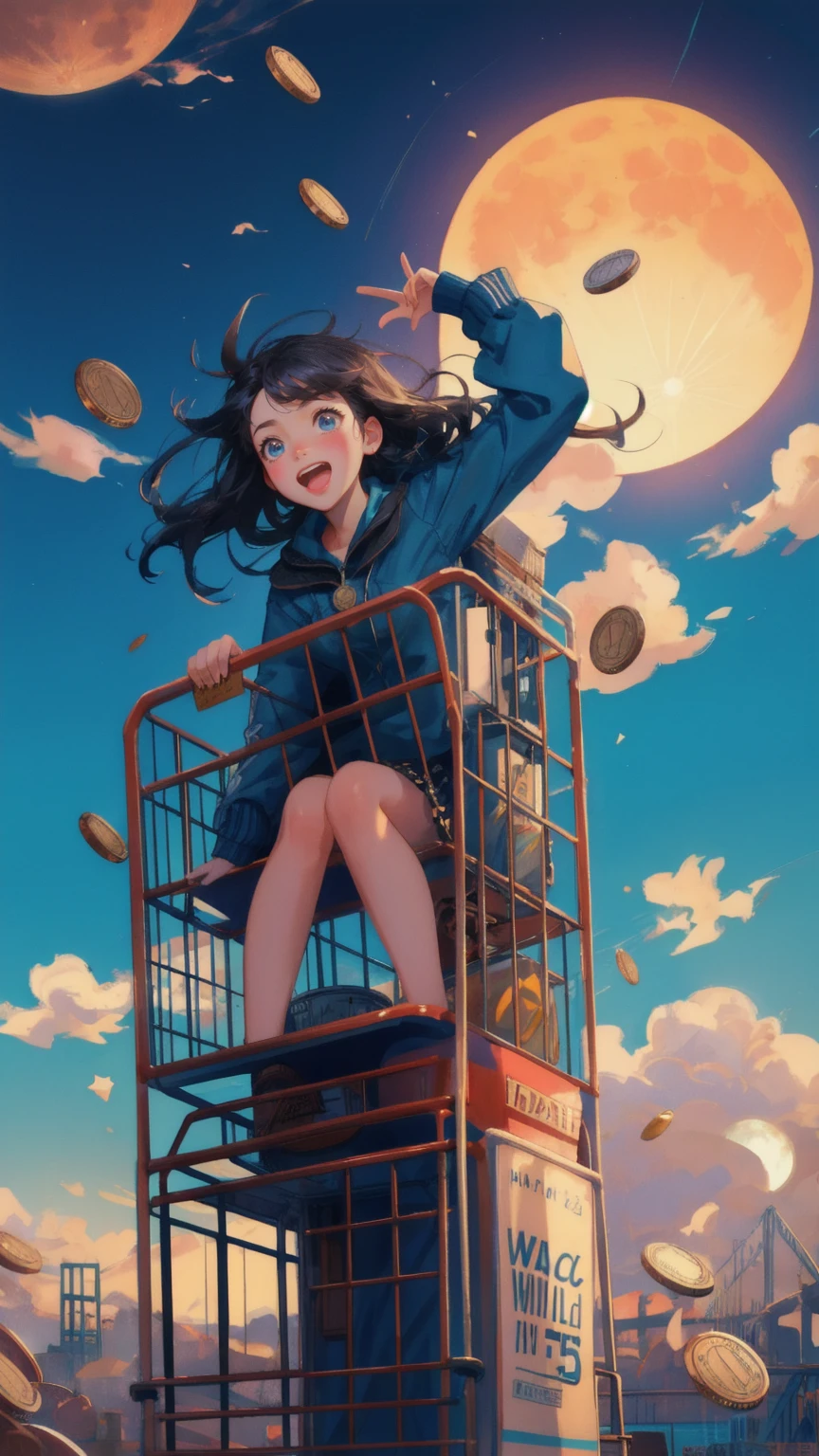 Create an image featuring a thrilling roller coaster ride with a blue sky backdrop. Replace the coin character with a cute girl who has an expression of sheer terror, her eyes wide and mouth open in a scream as she clings tightly to the safety bar. The roller coaster is twisting and turning, with coins flying out of the cart, emphasizing the chaotic and unpredictable nature of the ride. The background should include a large, looming moon and a few scattered coins, capturing the wild ups and downs of a high-stakes financial roller coaster ride.
