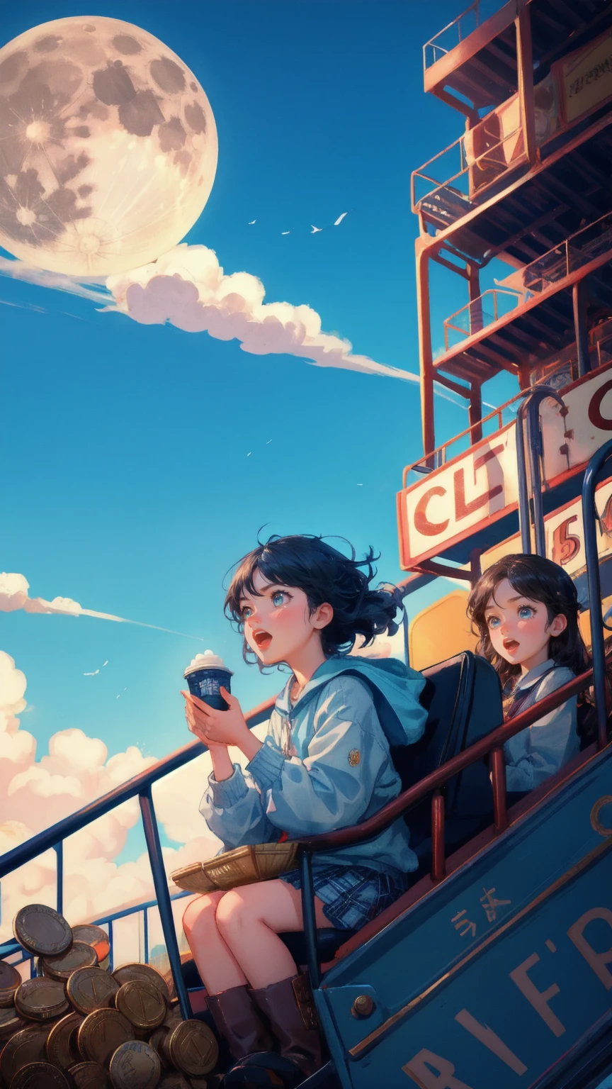 Create an image featuring a thrilling roller coaster ride with a blue sky backdrop. Replace the coin character with a cute girl who has an expression of sheer terror, her eyes wide and mouth open in a scream as she clings tightly to the safety bar. The roller coaster is twisting and turning, with coins flying out of the cart, emphasizing the chaotic and unpredictable nature of the ride. The background should include a large, looming moon and a few scattered coins, capturing the wild ups and downs of a high-stakes financial roller coaster ride.