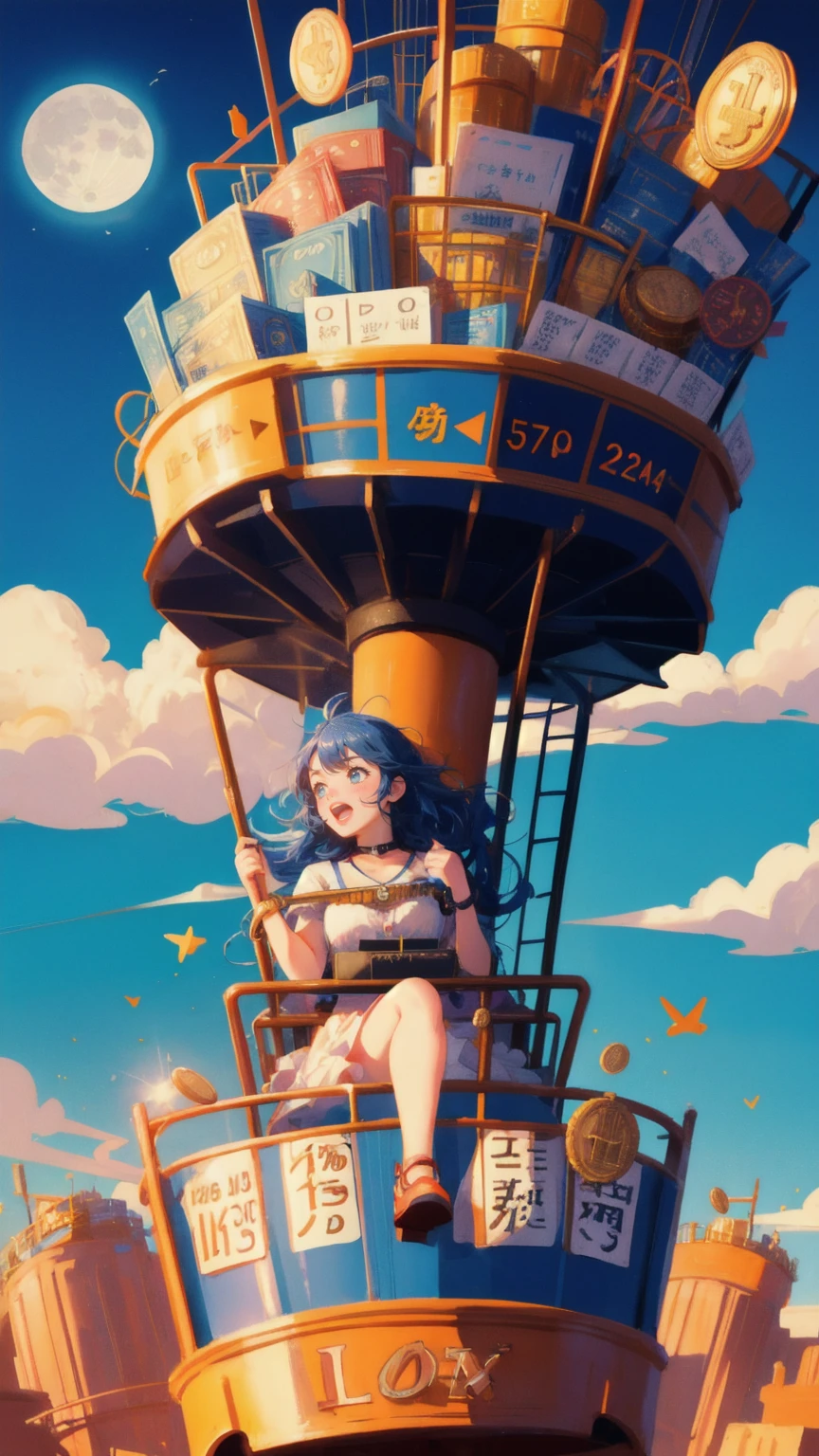 Create an image featuring a thrilling roller coaster ride with a blue sky backdrop. Replace the coin character with a cute girl who has an expression of sheer terror, her eyes wide and mouth open in a scream as she clings tightly to the safety bar. The roller coaster is twisting and turning, with coins flying out of the cart, emphasizing the chaotic and unpredictable nature of the ride. The background should include a large, looming moon and a few scattered coins, capturing the wild ups and downs of a high-stakes financial roller coaster ride.