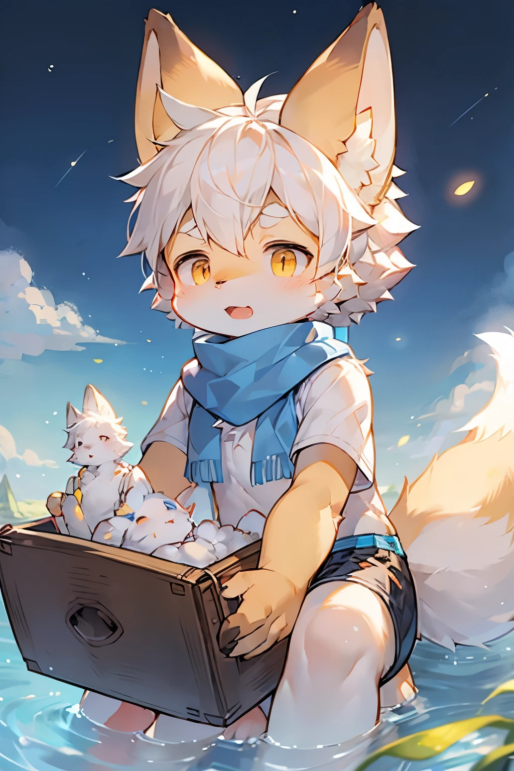 Fox Boy，Hairy boy，Babies and features，White hair，Yellow skin，White Arm，Sky blue scarf，Short sleeve，shorts，Electronic music producer