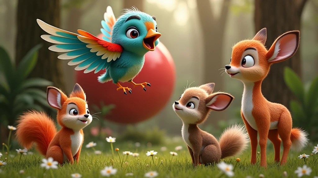 Create in 3d animation style for the kids of group of 3-5 yeaenny the Bird Flies Down
"A colorful bird named Benny, with vivid feathers, descends from the sky. The red ball is visible in the background, and Sammy the squirrel and Daisy the deer watch with anticipation as Benny flies towards it, wings spread wide."