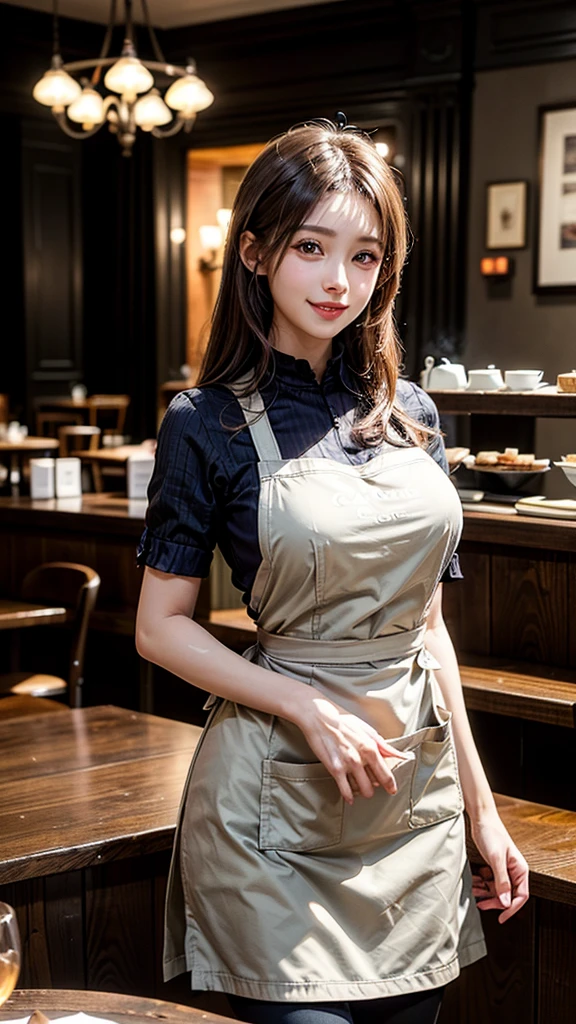 (Highest quality、Tabletop、8k、Best image quality、Award-winning works)、Woman working in a café、(The perfect brown apron:1.1)、(The perfect brown apron:1.1)、(wide々She is standing elegantly in a modest cafe..:1.3)、(A classy shirt and apron:1.1)、(Big Breasts:1.1)、(Accentuate your body lines:1.1)、Beautiful woman portrait、The most elegant and cozy cafe、The most natural cafe, Perfectly organized、The most atmospheric and warm lighting、Stylish and elegant cafe、Strongly blurred background、Look at me and smile、(Accurate anatomy:1.2)、Ultra high resolution perfect beautiful teeth、Ultra-high definition beauty face、Ultra HD Hair、Ultra HD The Shining Eyes、The Shining, Super high quality beautiful skin、Super high quality glossy lip