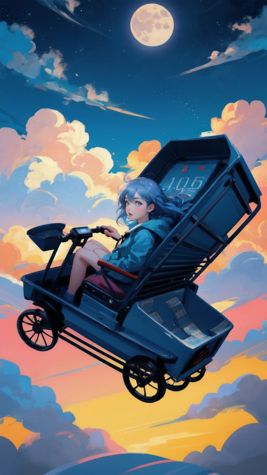 Design an image of a roller coaster set against a vibrant blue sky, replacing the coin character with a cute girl who is gripping the safety bar with a mix of fear and excitement. Her eyes should be wide open, and her mouth should be in a surprised 'O' shape as the roller coaster speeds down a steep track. Coins should be flying out of the cart, symbolizing the unpredictable and exhilarating ride of the financial market. The background should feature a large, detailed moon, adding to the dramatic atmosphere of the scene.