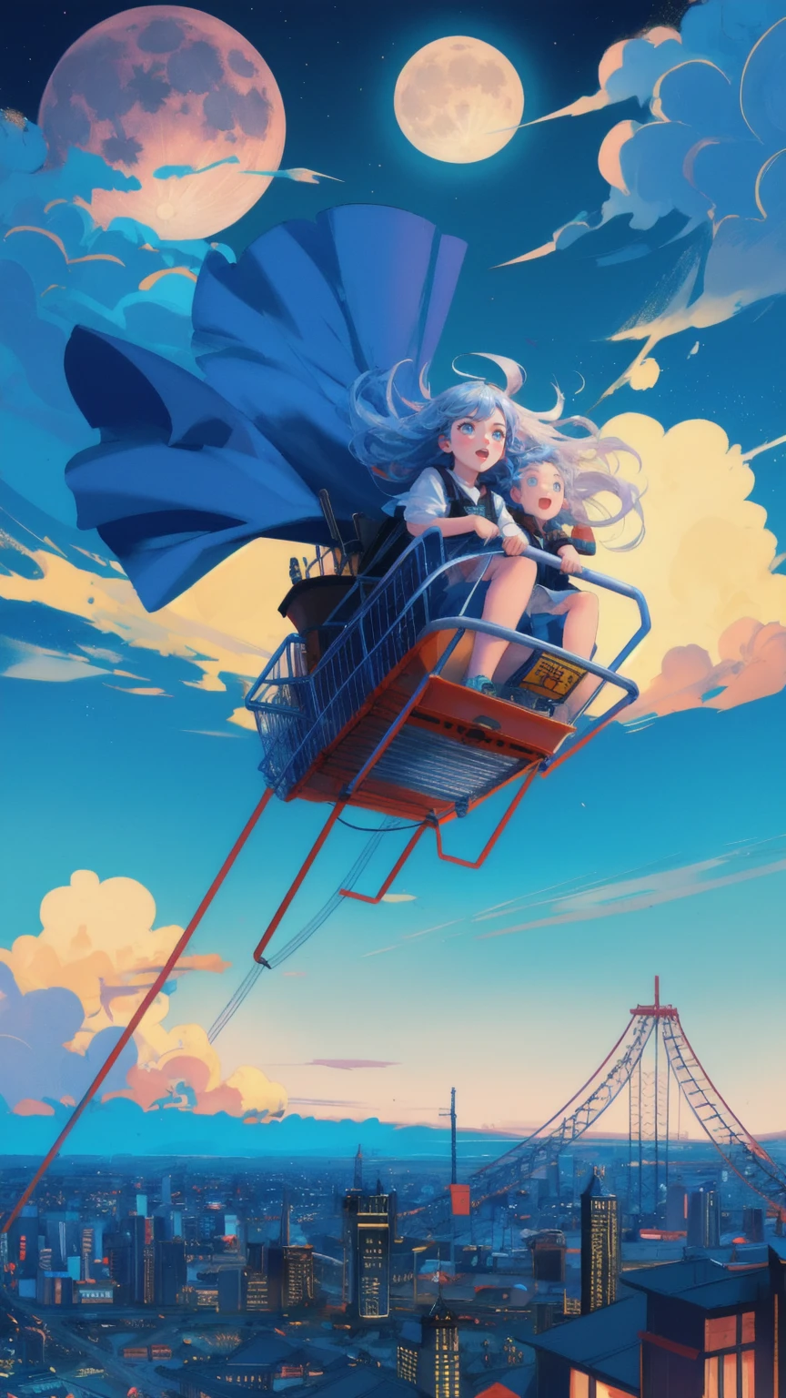 Design an image of a roller coaster set against a vibrant blue sky, replacing the coin character with a cute girl who is gripping the safety bar with a mix of fear and excitement. Her eyes should be wide open, and her mouth should be in a surprised 'O' shape as the roller coaster speeds down a steep track. Coins should be flying out of the cart, symbolizing the unpredictable and exhilarating ride of the financial market. The background should feature a large, detailed moon, adding to the dramatic atmosphere of the scene.