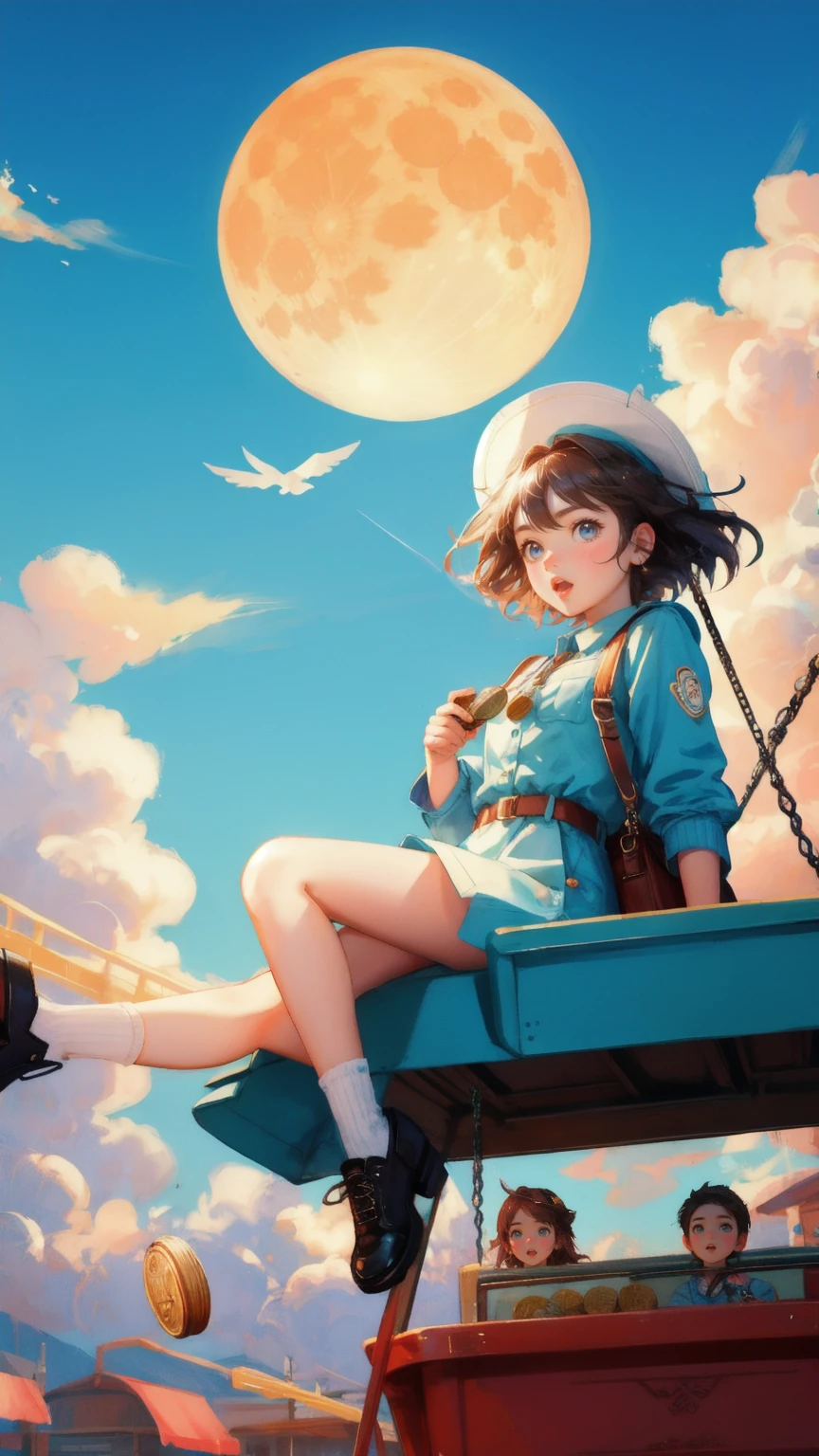 Generate an image featuring a high-speed roller coaster ride in front of a bright blue sky, with a cute girl replacing the coin character. The girl should have a shocked expression, with her eyes wide and her mouth open as she holds tightly to the safety bar. The roller coaster should be depicted in mid-descent, with coins and financial symbols flying out of the cart, representing the wild swings of the market. The background should include a large moon and scattered coins, emphasizing the thrilling and unpredictable nature of the ride.