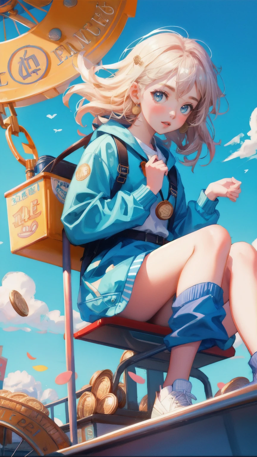Generate an image featuring a high-speed roller coaster ride in front of a bright blue sky, with a cute girl replacing the coin character. The girl should have a shocked expression, with her eyes wide and her mouth open as she holds tightly to the safety bar. The roller coaster should be depicted in mid-descent, with coins and financial symbols flying out of the cart, representing the wild swings of the market. The background should include a large moon and scattered coins, emphasizing the thrilling and unpredictable nature of the ride.