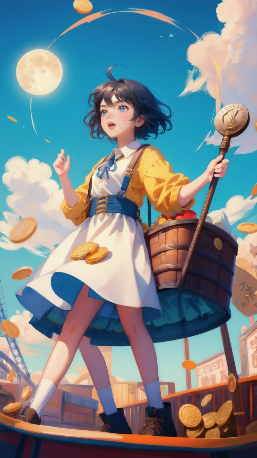 Generate an image featuring a high-speed roller coaster ride in front of a bright blue sky, with a cute girl replacing the coin character. The girl should have a shocked expression, with her eyes wide and her mouth open as she holds tightly to the safety bar. The roller coaster should be depicted in mid-descent, with coins and financial symbols flying out of the cart, representing the wild swings of the market. The background should include a large moon and scattered coins, emphasizing the thrilling and unpredictable nature of the ride.