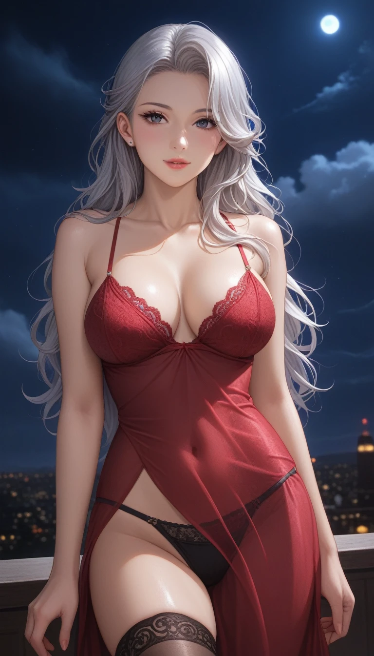 score_9, score_8_superior, score_7_superior, High-resolution CG illustration,A masterpiece in 32K resolution,Highest quality,it is really amazing,Very detailed,Ultra-high resolution,Ultra-realistic,Realistic,Increased depth of field,Cinematic lighting,
Elegant mature Japanese woman,
Shiny silver hair,Wavy long hair,Showing his forehead,god々Beautiful,Ultra-detailed and beautiful face,Sensual look,Beautiful dark brown, moist eyes,Pitch black eyes,Glowing, moisturized skin,Translucent white skin,born々New skin texture,Great proportions,
Elegant wine-red slit dress,spaghetti straps,Deep slit,Detailed and beautiful lace decorations,born地の柔らかな質感,
Black panties,
Black Stockings,
A dark and blurry night background,Dark overcast sky on a dull night,Dark clouds filling the sky,Thundercloud,Coastline at night,Golden reflections on the sea surface,delay々A desolate sandy beach that continues,
Dramatic Angle,