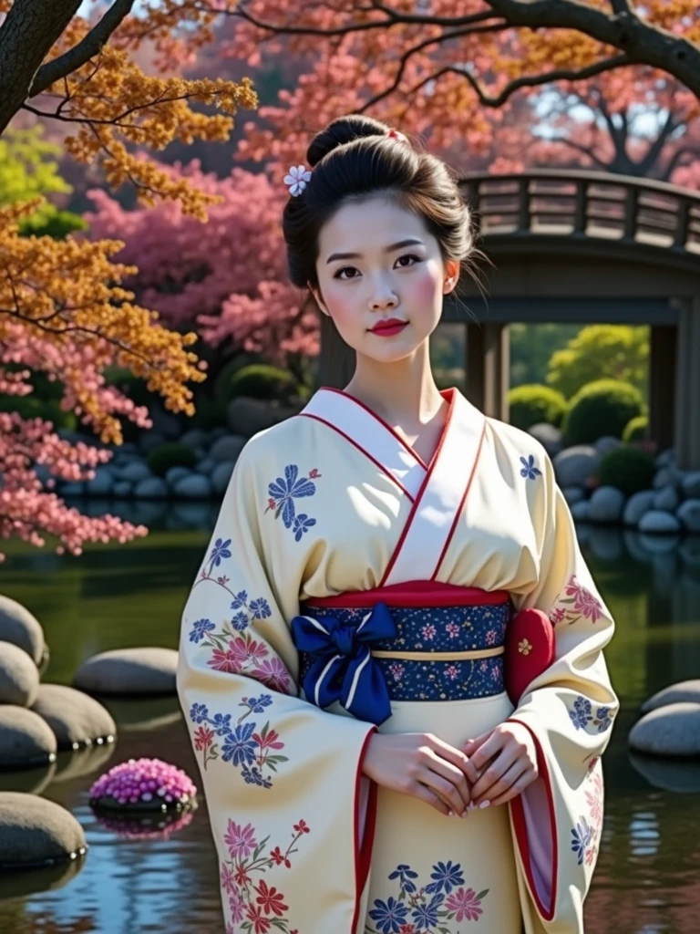 (masterpiece、Highest quality、8k、High resolution)、Traditional Japanese beauty in kimono、Floral pattern on white background、Vibrant colors、Japanese garden、There is a pond、Colorful flowers、Vibrant colors、Cherry Blossom、There is a drum bridge、A complete portrayal、Detailed anime art、