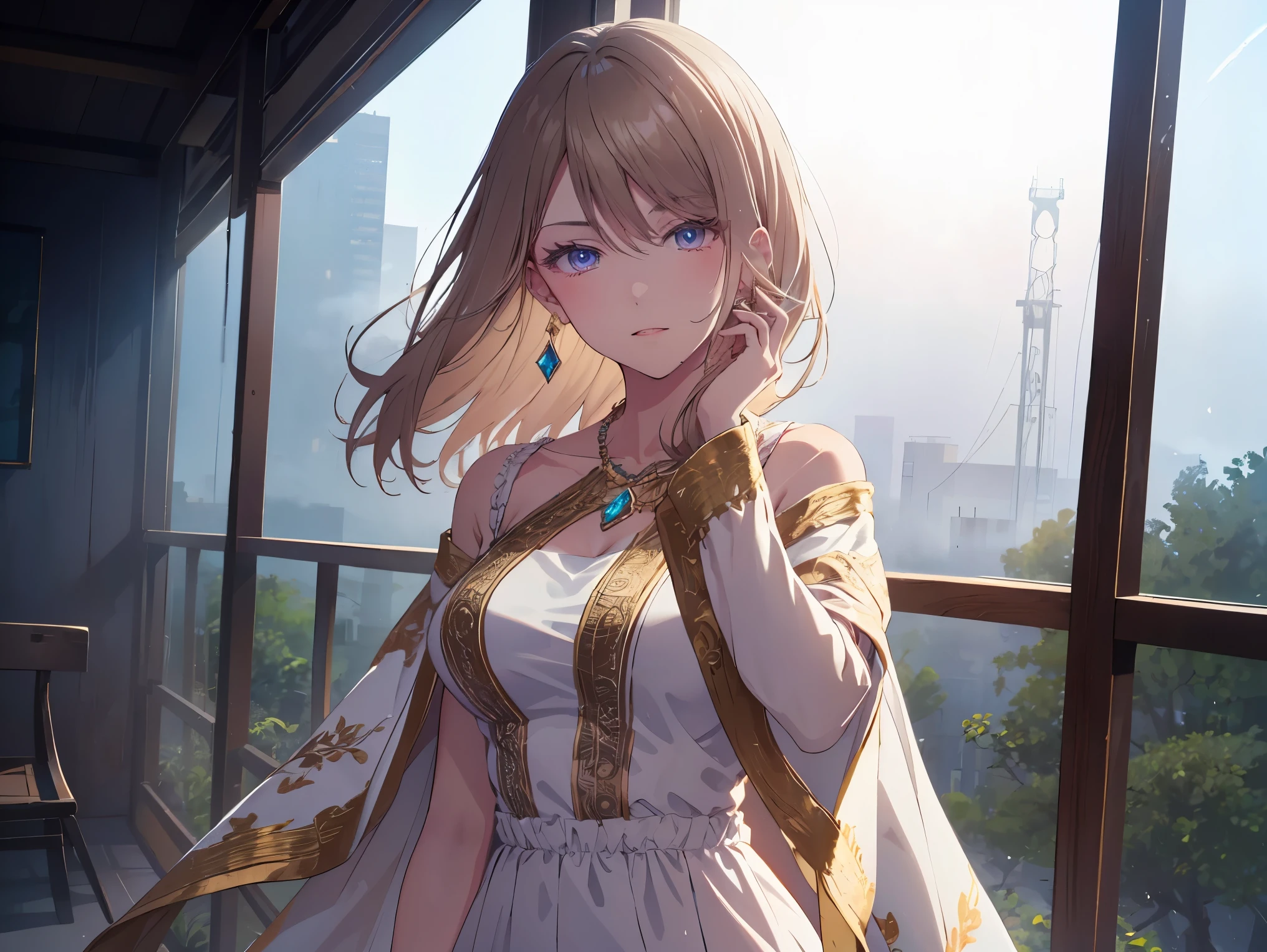 Beautiful Face, Highest quality, Ultra-high natural light, Glowing Skin, Detailed skin, Detailed face, Detailed eyes, beautiful girl, golden hair waving in the wind, necklace, Earrings, Deep woods, (fog: 1.2), fog, noble, gem, diamond, sapphire, Ruby, Emerald, Gorgeous dress, Attention to detail in the costumes, Detailed embroidery, A silk dress woven with gold and silver threads