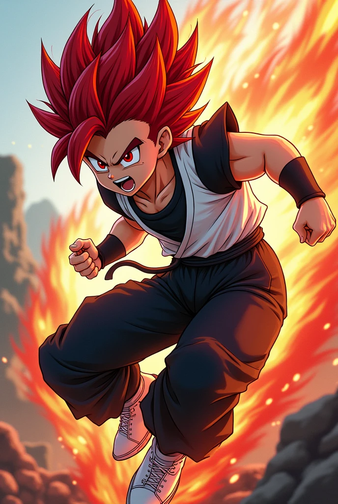 Create a dragon ball style male anime character with fiery hair red eyes white and black shirt black pants and white shoes sideways 