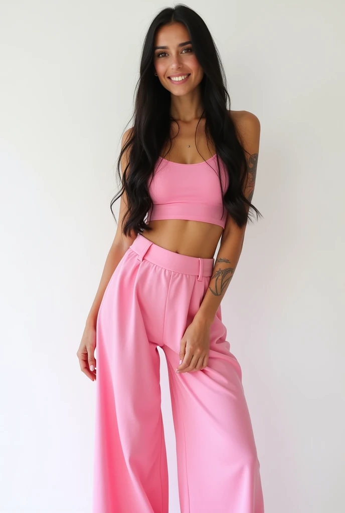 best qualityer:1.4), (ultra high resolution:1.2), (photorrealistic:1.4), (8k, CRU photo:1.2), 1 White woman. eyes browns. long straight black hair. She's wearing a pink crop top. Pink palazzo pants. Standing in a photo studio with a white background. He has his head tilted to the left and is smiling.. He has a tattoo on his left arm