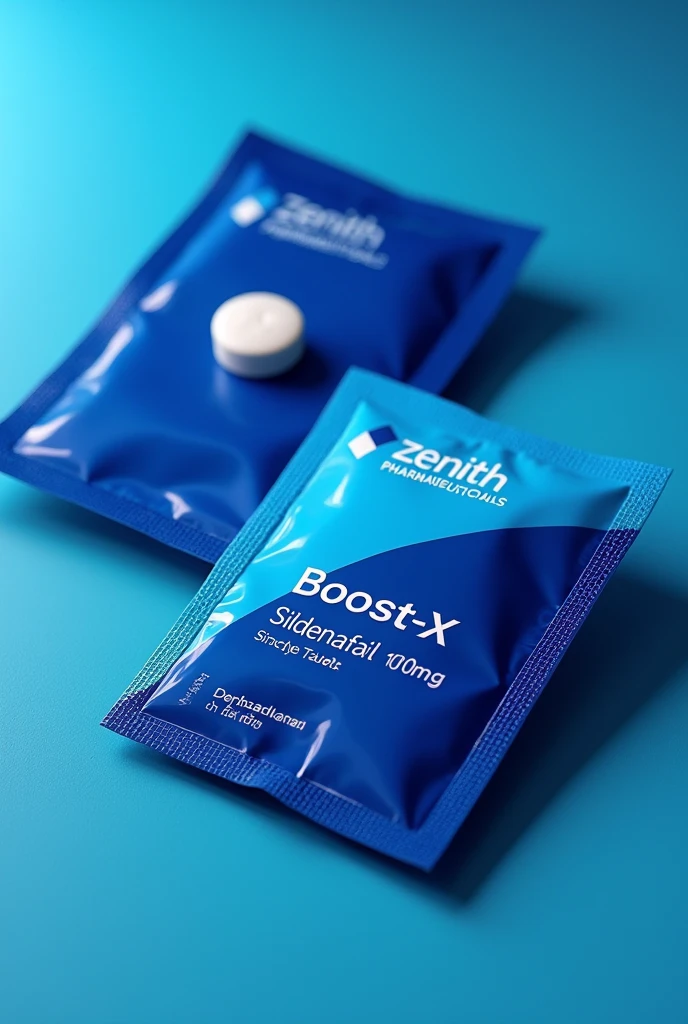 I need a package for a drug use a deep blue abd light blue colour combo. ZENITH pharmaceuticals should be at the top with a company logo clear. Then on the body Boost-X followed by sildenafil 100mg. Don't make the pack big small and easy to carry it will contain only 1 tablet please do it right