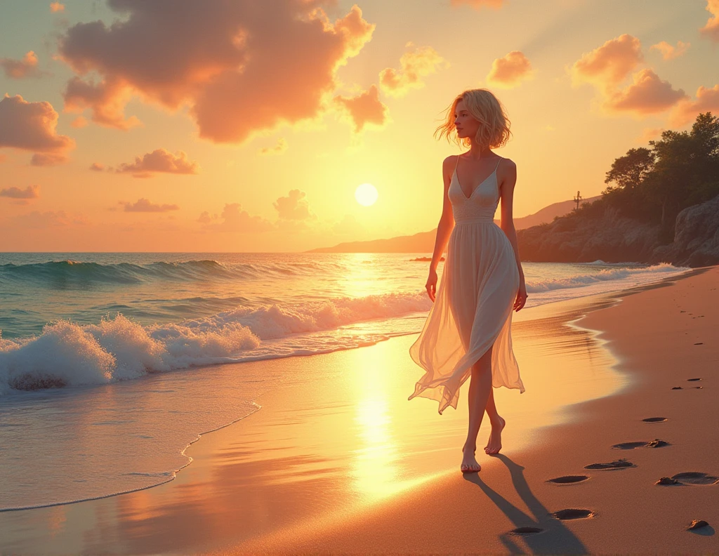 A young and elegant woman, with short wavy blonde hair, walk along the shore of a nude beach at sunset. Her style is natural and her figure is stylized with small breasts. . The sea breeze gently caresses her hair as she walks barefoot, leaving footprints in the wet sand. The sea shines with golden and blue hues, reflecting the last rays of the sun. The sky is painted with warm colors of the sunset, and some stars begin to appear, adding a magical touch to the stage. His expression is serene and relaxed., enjoying the peaceful atmosphere and beauty of the coastal environment."