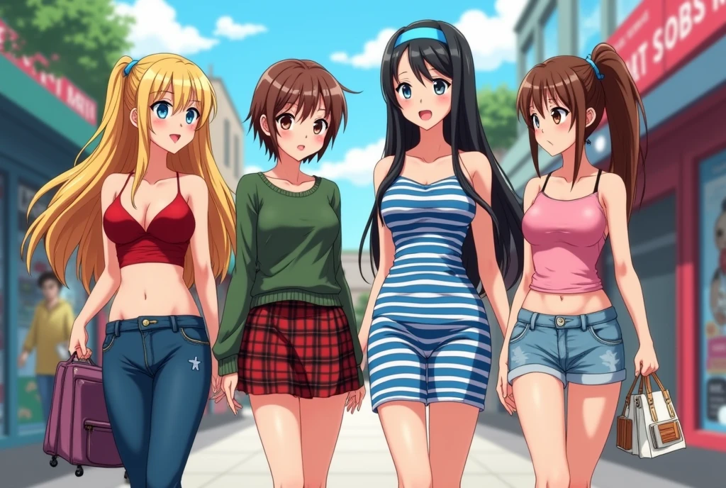 a group of anime girls shopping at a mall
1. the first girl is wearing a red tube top that exposes her midriff and cleavage, strapless, and is almost slipping with jeans and long blonde hair.
2. the second girl has short brown hair and wearing baggy green sweater and a plaid miniskirt.
3. the third girl has long black hair wearing a tight sleeveless blue and white horizontal striped dress with straps and blue hairband.
4. the fourth girl has a sun kissed complexion and brown ponytail hair with pink tank top with noodle straps that exposes her midriff along with shorts, the fourth raises and rests her hands behind her head and exposing both her armpits.
they're all chatting to each other.