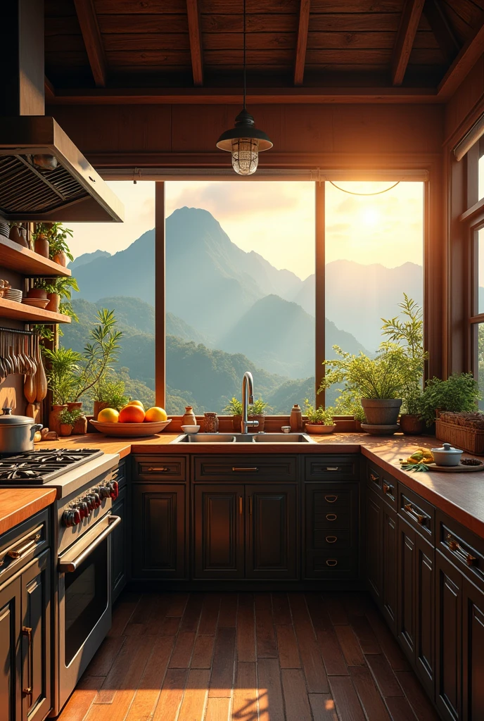A kitchen with kota Kinabalu sabah mountain as background