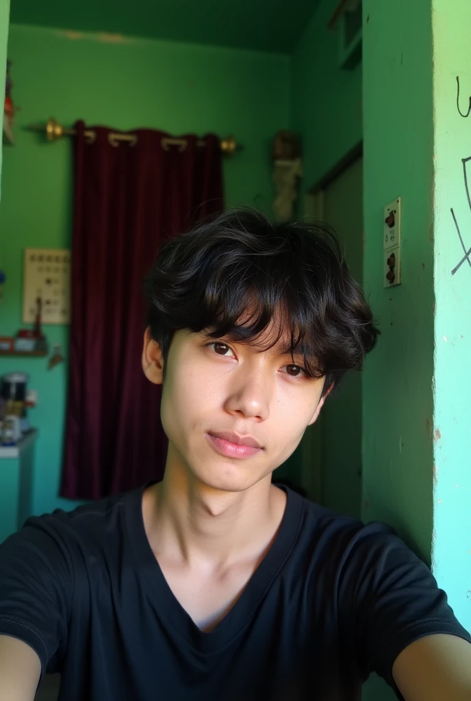 A young person with dark hair poses for a selfie in a room with green walls. They wear a black shirt and are standing near a doorway, partially illuminated by light. In the background, there is a maroon curtain and some household items visible, including electrical switches on the wall. A symbol is faintly painted on the wall next to the door.