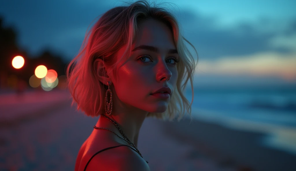 8 K, masterpiece, RAW photo, Best quality, detail:1.2), photorealistic, Extremely detailed 8 K unified CG wallpapers, depth of field, cinematic light, lens flare, Ray tracing, (incredibly beautiful face, beautiful lips, beautiful eyes) , Cara de detail intrincado, ((Ultra detailed skin)) 1 girl, In the dark, short blond hair, deep shadow, Cute Russian girl, K-POP кумир, (Very thin and lean athletic body..:1.3), ((To view the viewer)), (big smile), (nude body), (high heels), (no panties), ((Full length photo standing.)), (Full-length photographs while walking.), (injection bracelet), (beach background with sea), (neon lights), (noon), Cute Russian girl, earrings, bracelet, shackles, light eyes, Andante, (pale skin), thinking about the future, (big eyes), NSF INFO
