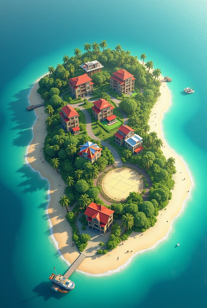 Can you make me an island in the middle of the ocean?, of about 40 ha filled with buildings, a beach with beautiful water, a volleyball court and about 200 inhabitants
