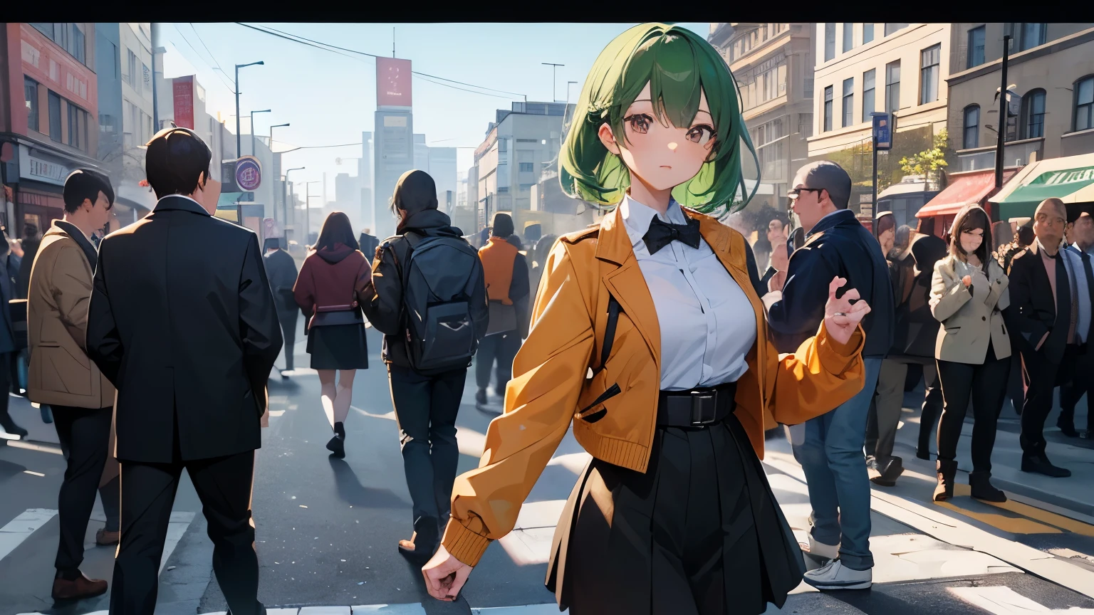 One person, , UHigh resolution, retina, masterpiece, Accurate, Anatomically correct, Textured skin, Super Detail, Attention to detail, high quality, Awards, 最high quality, High resolution, High resolution, 4K,(anime,8k,masterpiece, 最high quality, 最high quality,beautifully、aesthetic:1.2,Professional illustrations:1.1,Super detailed:1.3,Perfect lighting),Very detailed,Most detailed,Incredibly absurd,High resolution,Super detaileded,Complex:1.6, Cute pose,Green Hair,Orange jacket,White collar shirt,Busy intersections,Walking across a crowded crosswalk,