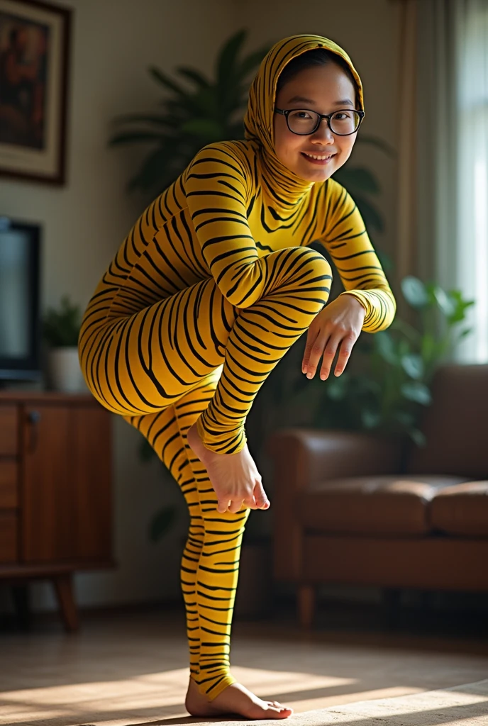 A most beautiful and thin 29 years old taiwan contortion girl wearing a glasses wears yellow zebra Lycra turtleneck unitard catsuit covered with seamless black zebra paterns.She always wear zebra print Lycra dancewear hijab-like hood.She has beautiful cheeks on her face.She is take part for contortion performance.She performs contortion in the house.