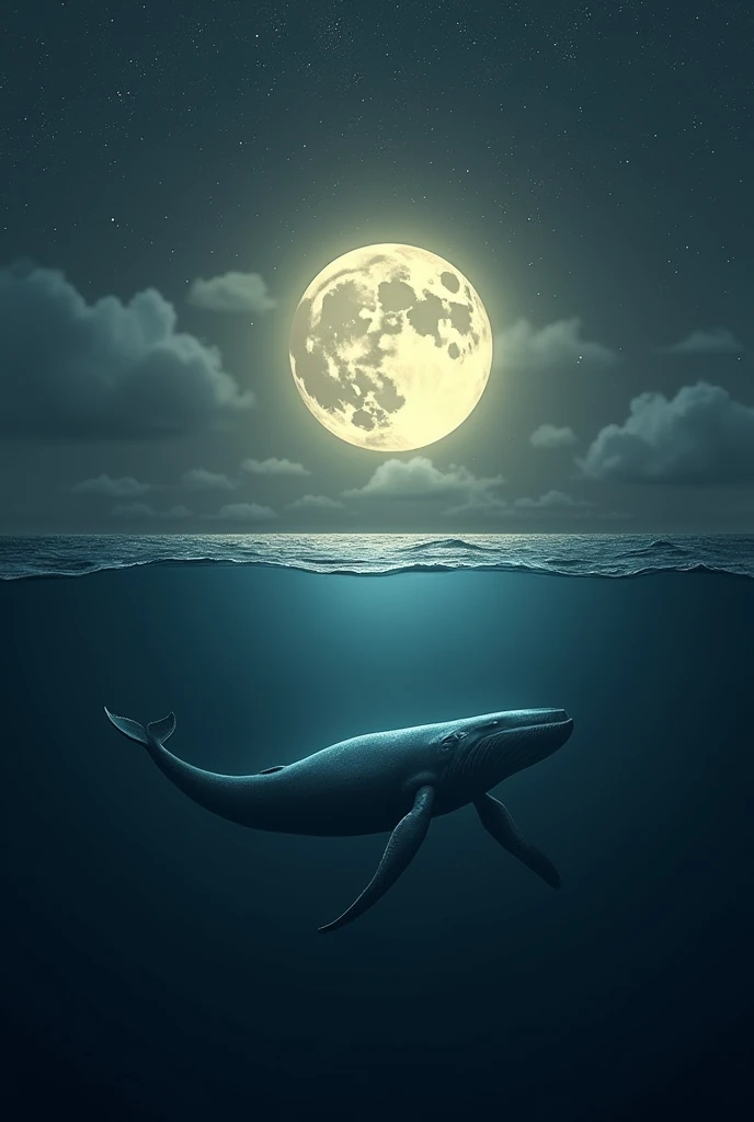 The image is split into two parts, with the top half showing a sky filled with stars and the moon, while the bottom half depicts a whale underwater. The moonlight shines into the sea, illuminating the dark image.
