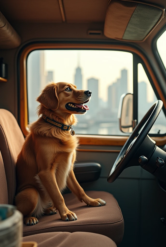 A dog in a van accompanying its owner to the city 
