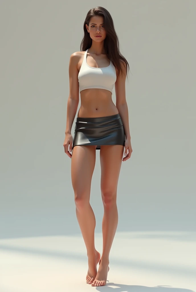 Cuerpo completo. Beautiful Woman Model 25-years-old Brown Hair Green Eyes, modelando en minifalda y zapatillas sobre una pasarela de un desfile de modas, ultra detallada, ultra realista, rostro ultradetallado, gran angular, octanaje renderizado, iluminacion volumetrica, golden ratio, detalles intricados, imagen en 3D, resolucion 64K.                           Estilo: Fotográfio: lente 50 mm, apertura F 2.5. Sugerencias: no debe salir: Borroso, mala anatomia, mal arte, mal proporcionado, cuerpo mal dibujado, cara mal dibujada, mutado, mutilado, morbid, extremidades perdidas, extremidades extras, extremidades flotantes, extremidades fusionadas, fuera de foco, fuera de marco, Cartoon, plastico