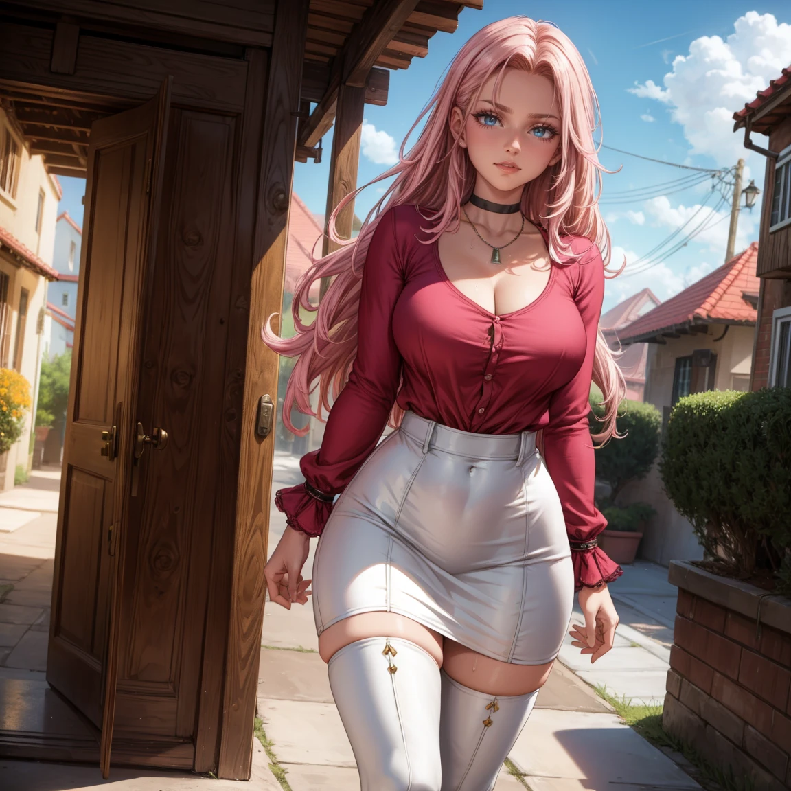 Masterpiece, beautiful art, 8k, art style by sciamano240, very detailed face, detailed hair, detailed clothes, detailed fabric, 1girl, beautiful face, long hair, hot pink hair , model head shot, facing camera, very detailed green eyes, sultry smile, wearing classy fall clothes, white dior thigh boots, white pencil skirt, walking , out shopping, necklace, chocker, rosey cheeks, sunny fall setting, full body view, photorealistic, indirect lighting, volumetric light, ray tracing, hyper-detailed, best quality, ultra-high resolution, HDR, (8k, Best Quality, Masterpiece:1.2), Ultra Detail, RAW Photo, Super Resolution, Professional Photo, Extremely Detailed and Beautiful, lot of drool, sweat, belly inflation