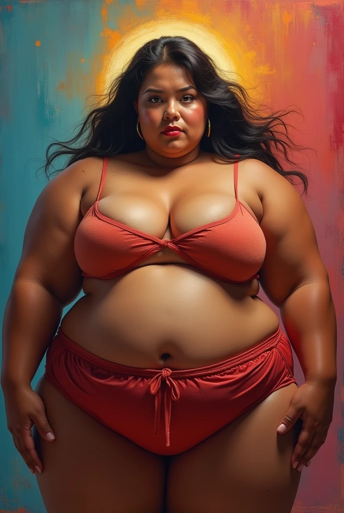 (Best Quality,Ultra-detailed,Realistic:1.37),(Portraits,Studio Lighting),(Oil Painting),(Wrinkled armpits,full of sweat,Body positivity),(Chubby girl),(Korean Goddess),(Giant Goddess Shot),(thick arms),(broad shoulders),(curvy body),(Luminous skin),(High contrast),(Vivid colors),(Muscular legs),(Confident posture),(Colorful background),(dynamic compositions),(Soft shadows),(Dramatic Lighting), ((Brown-skinned:1.4)),((large boob:1.3)),