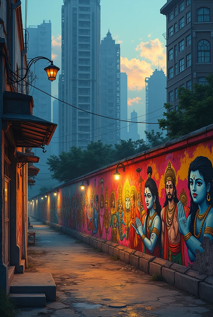 A modern cityscape at dusk, filled with high-rise buildings and urban elements. Graffiti covers a wall in the foreground, depicting ancient Indian deities like Rama, Krishna, and Shiva, alongside mythical scenes from the Ramayana and Mahabharata. The atmosphere is gritty yet vibrant, blending the ancient with the contemporary. The overall tone should be dynamic and energetic, capturing the contrast between the mythological and modern worlds.