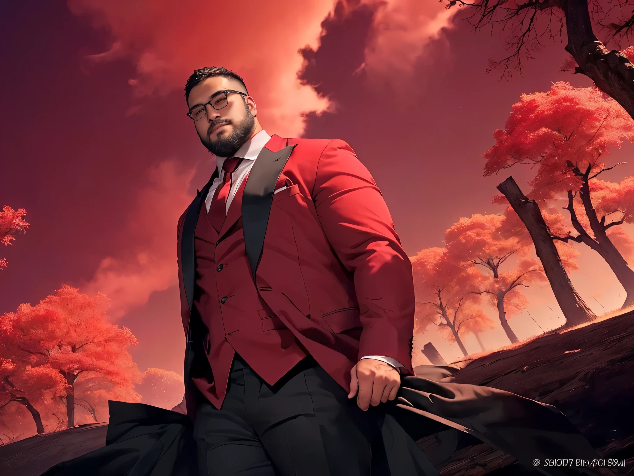solo, crew cut, (((full body))), mature man, [slightly fat], asian man, brown eyes, rounded face, glasses, slightly balding, (((stubbles, Short beard))), (((full beard))), (Beautiful eyes:1.3), (Detailed face:1.3), man in a red suit is walking through a forest, he spray red wine from his glass to the ground, eerie forest with skeletons on the ground, key visual, crimson darkness, photo realistic, dead trees, crimson cloud, eerie sky, crows flying in the sky, realistic, photography,