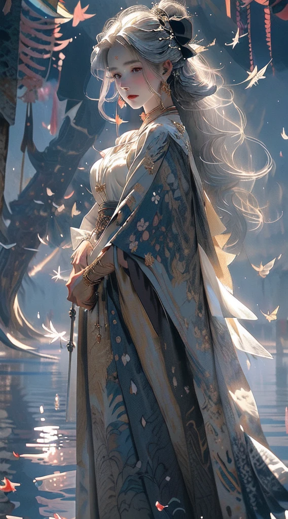 Water Nymph, floating in the pond, surrounded by cherry blossoms and rain, she has a gentle, unearthly and regal appearance, with loose hair, translucent silver-blond hair, which seem to be made of water and shimmer. Her skin is pale and has a soft glow., as if she was glowing from within. She is wearing a flowing, regal dress., which blends organically with the surrounding water, which rises and swirls around her. Her eyes are a deep golden brown., full of curiosity and calm.