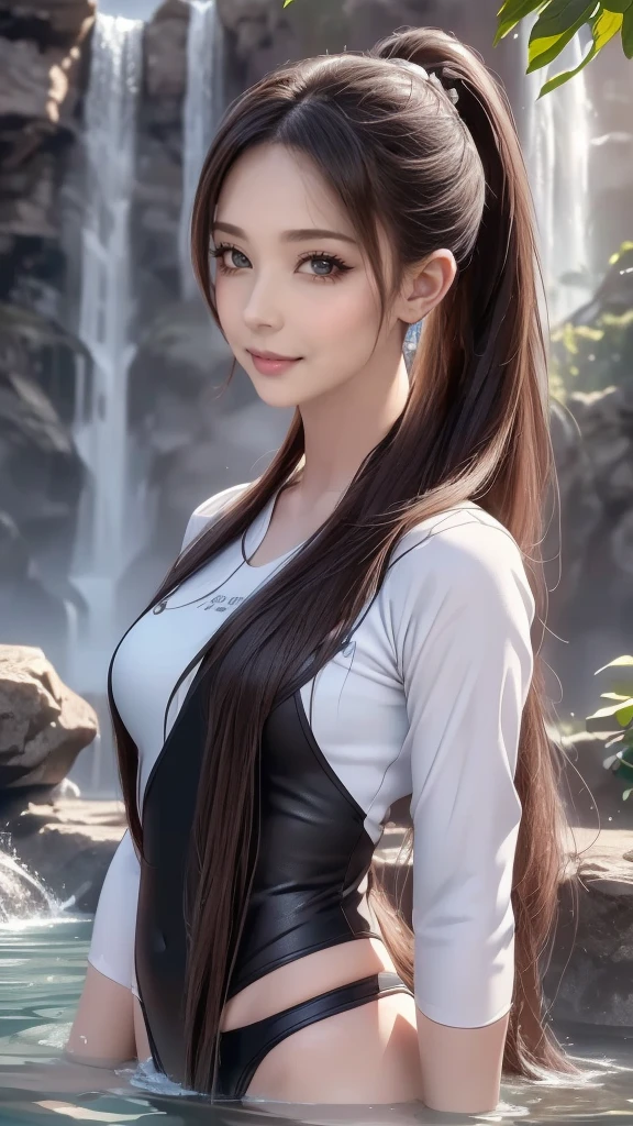 (bathing in the basin of a waterfall),ultra straight hair,long ponytail,rash guard,(Highest image quality, (8K), Ultra-realistic, Best Quality, High quality, High Definition, high quality texture, high detailing, Beautiful detailed, fine detailed, extremely details CG, Detailed texture, realistic representation of face, masterpiece, presence)