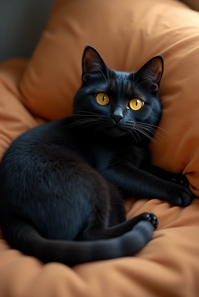 Please draw me a black cat lying on his bed after eating a lot.