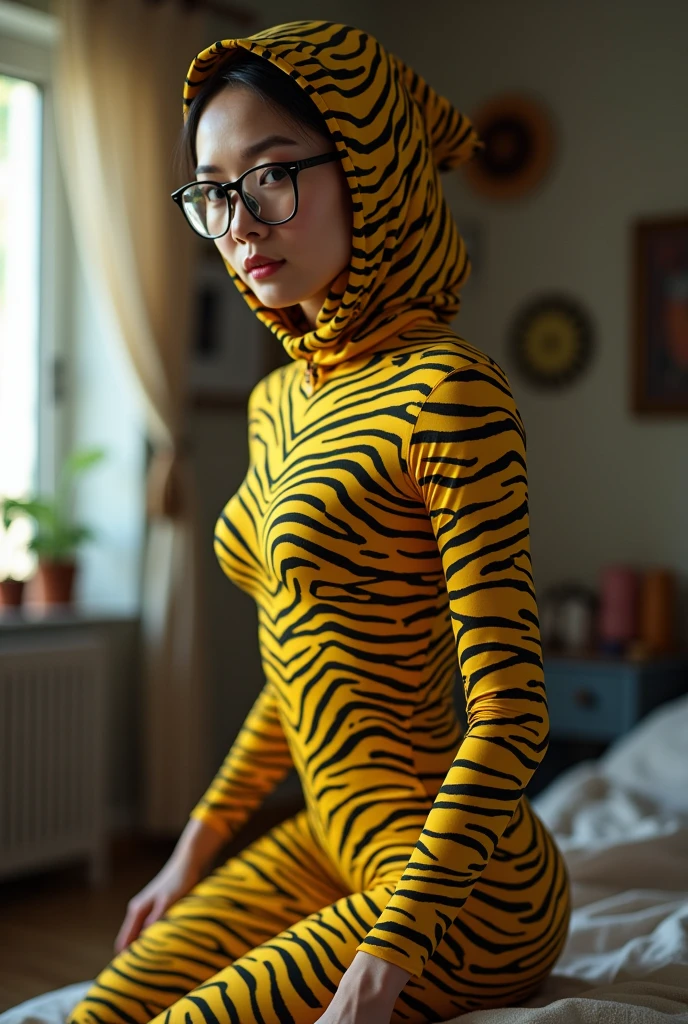 A most beautiful and thin 29 years old taiwan contortion girl wearing a glasses wears yellow zebra Lycra turtleneck unitard catsuit covered with seamless black zebra paterns.She always wear zebra print Lycra dancewear hijab-like hood.She has beautiful cheeks on her face.She is take part for contortion performance.She performs contortion in the house.
